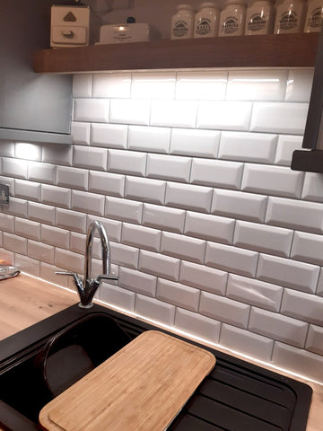 White Metro Bevelled Tile Panel With Grey Grout Kitchen